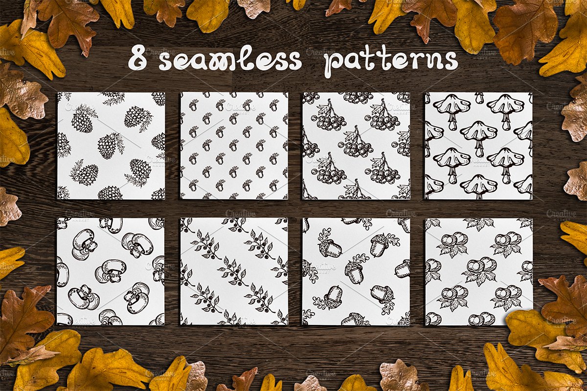 Fall elements, cards and patterns preview image.
