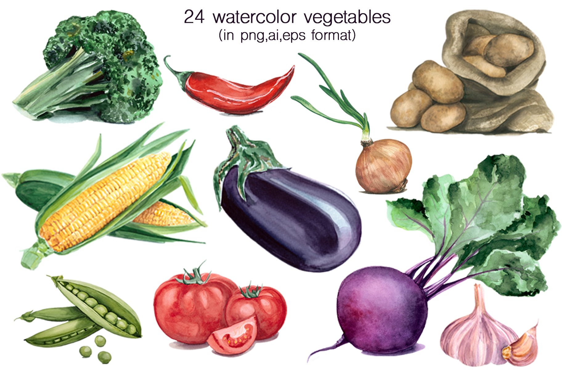 Watercolor vegetables & fruits preview image.