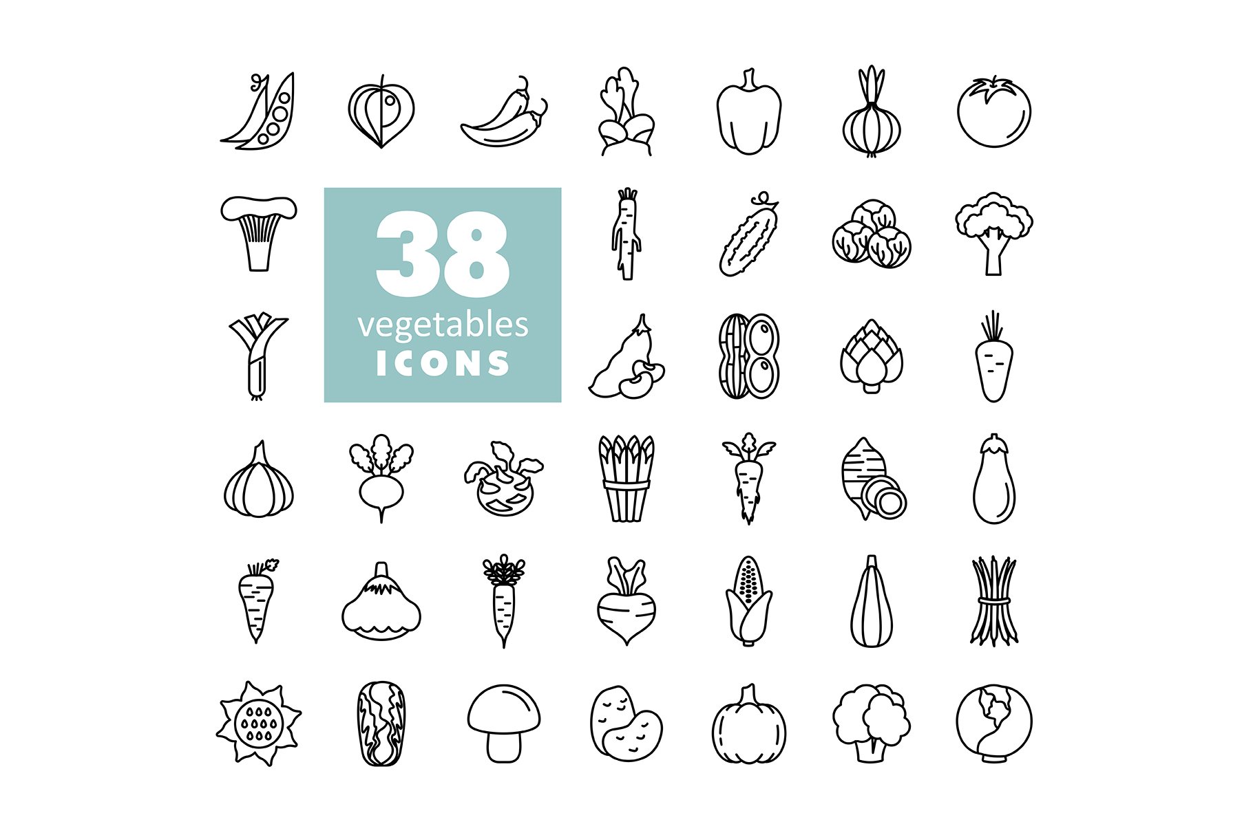 38 Vegetables vector icons set cover image.