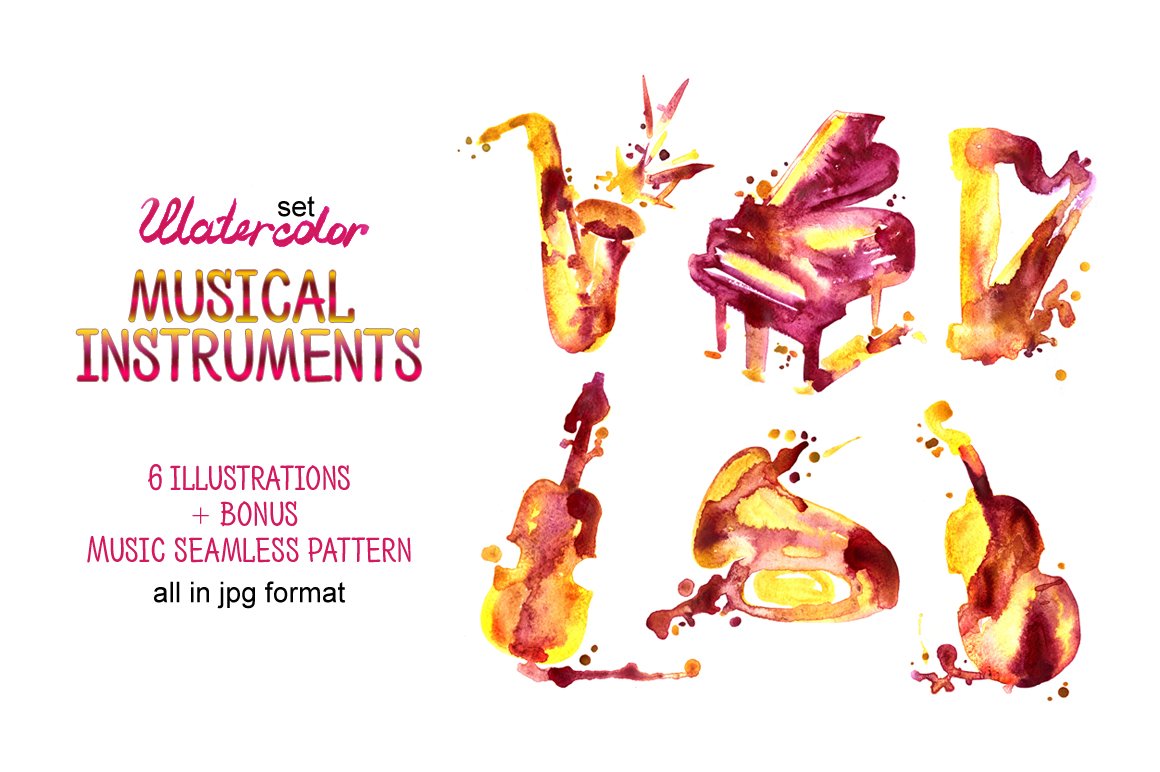 Watercolor musical instruments cover image.