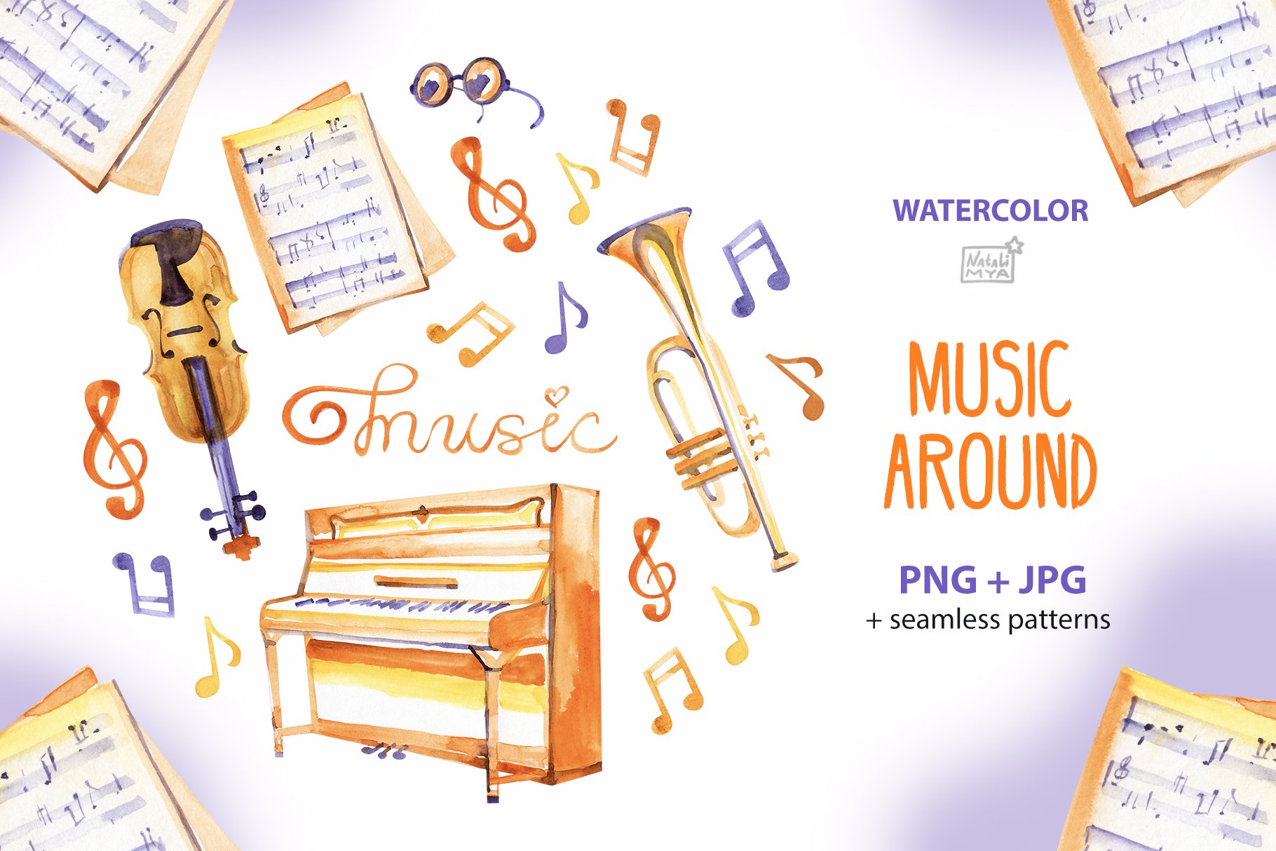 Music around - watercolor cliparts cover image.