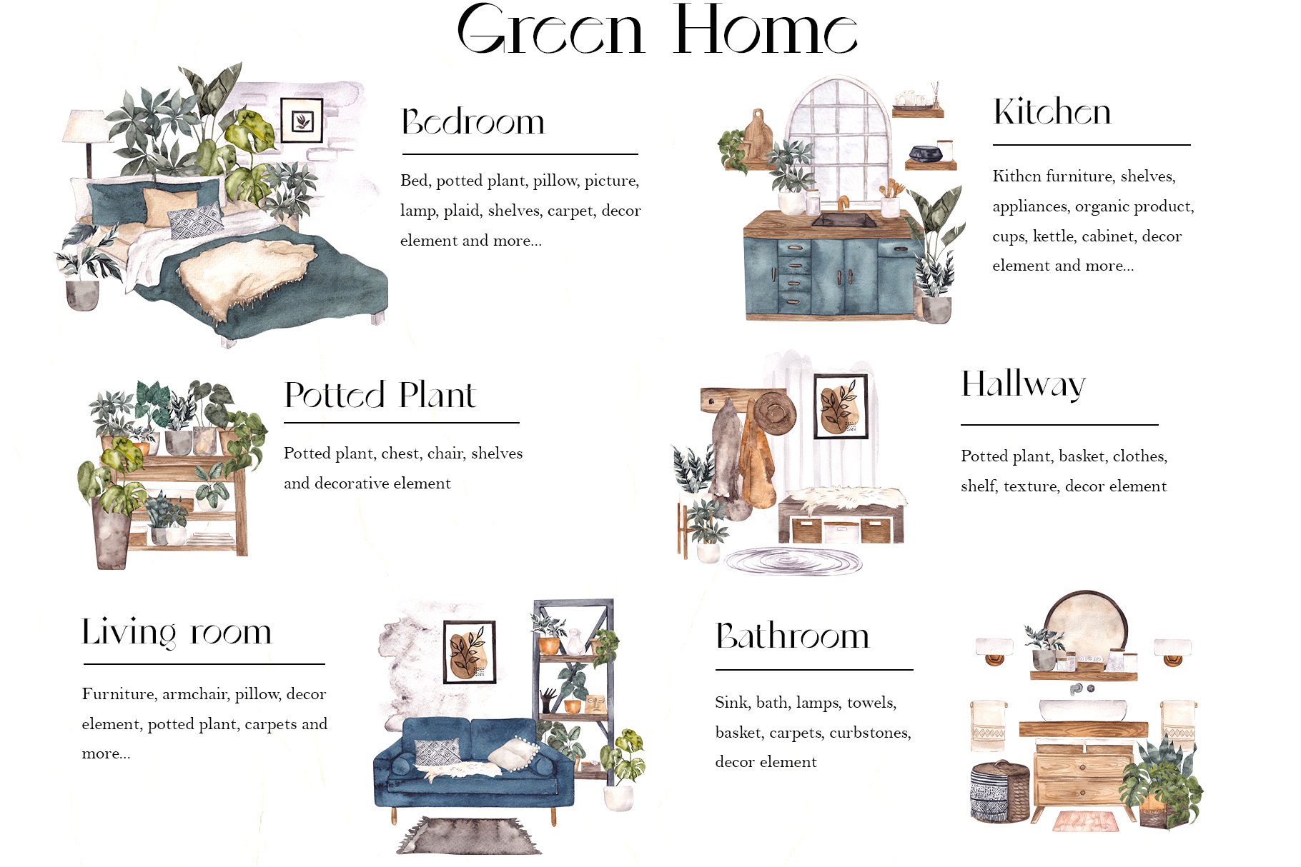 Green Home. Watercolor Interior. preview image.