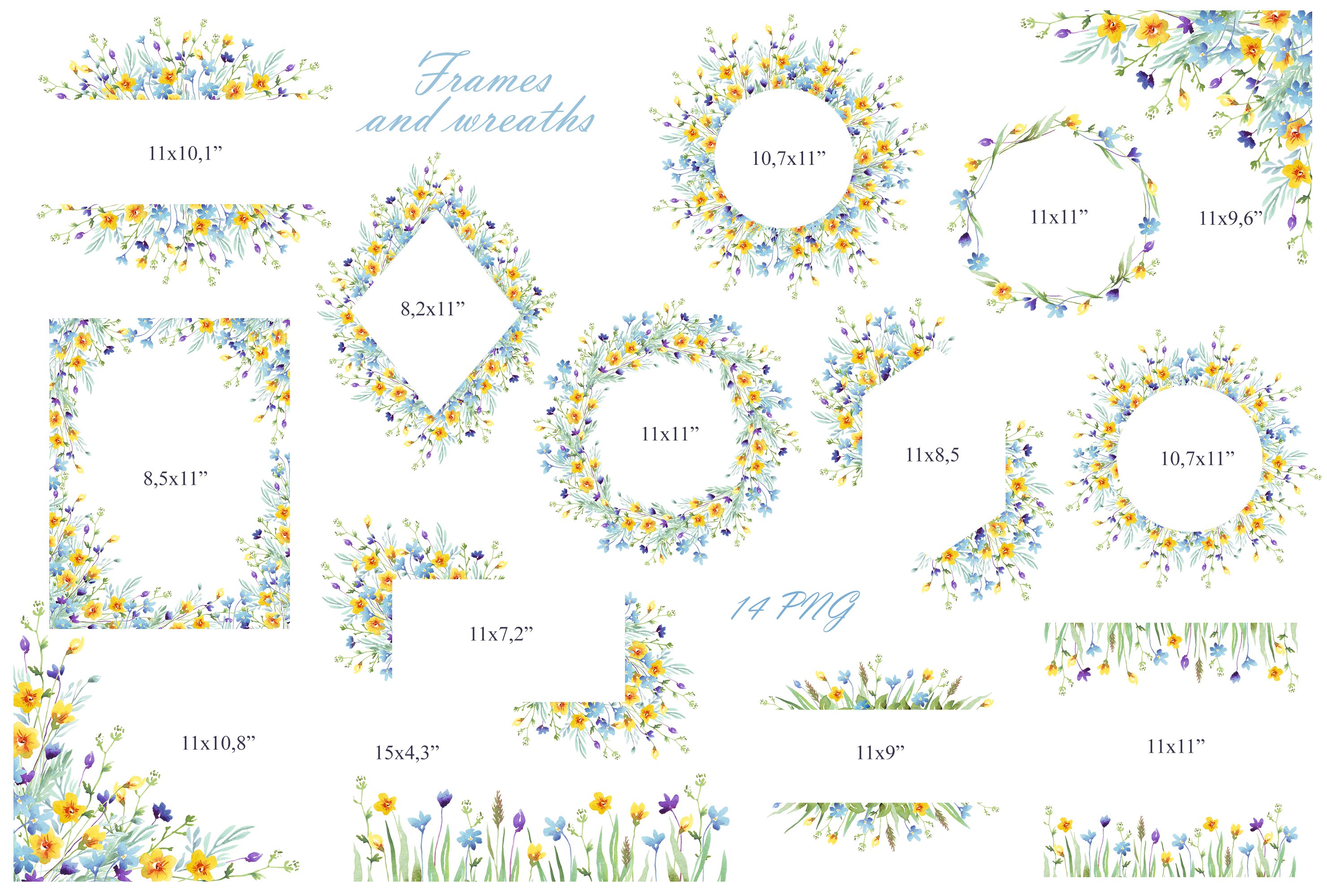 Watercolor wildflowers frames PNG preview image.