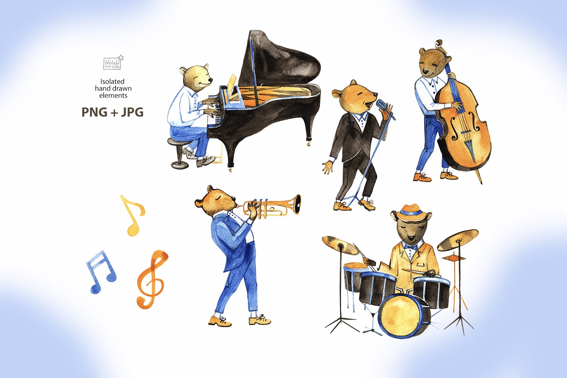Cute bears musicians cliparts preview image.