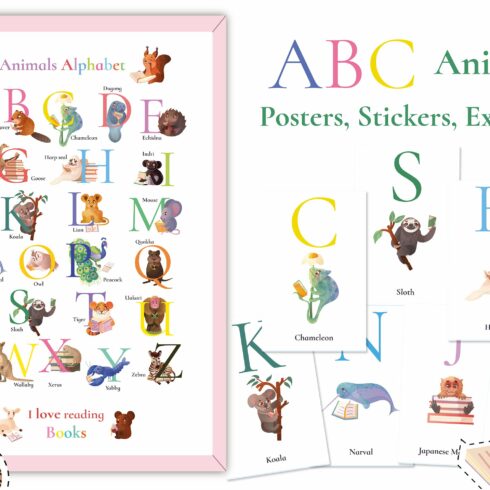 Animal alphabet, posters, stickers cover image.