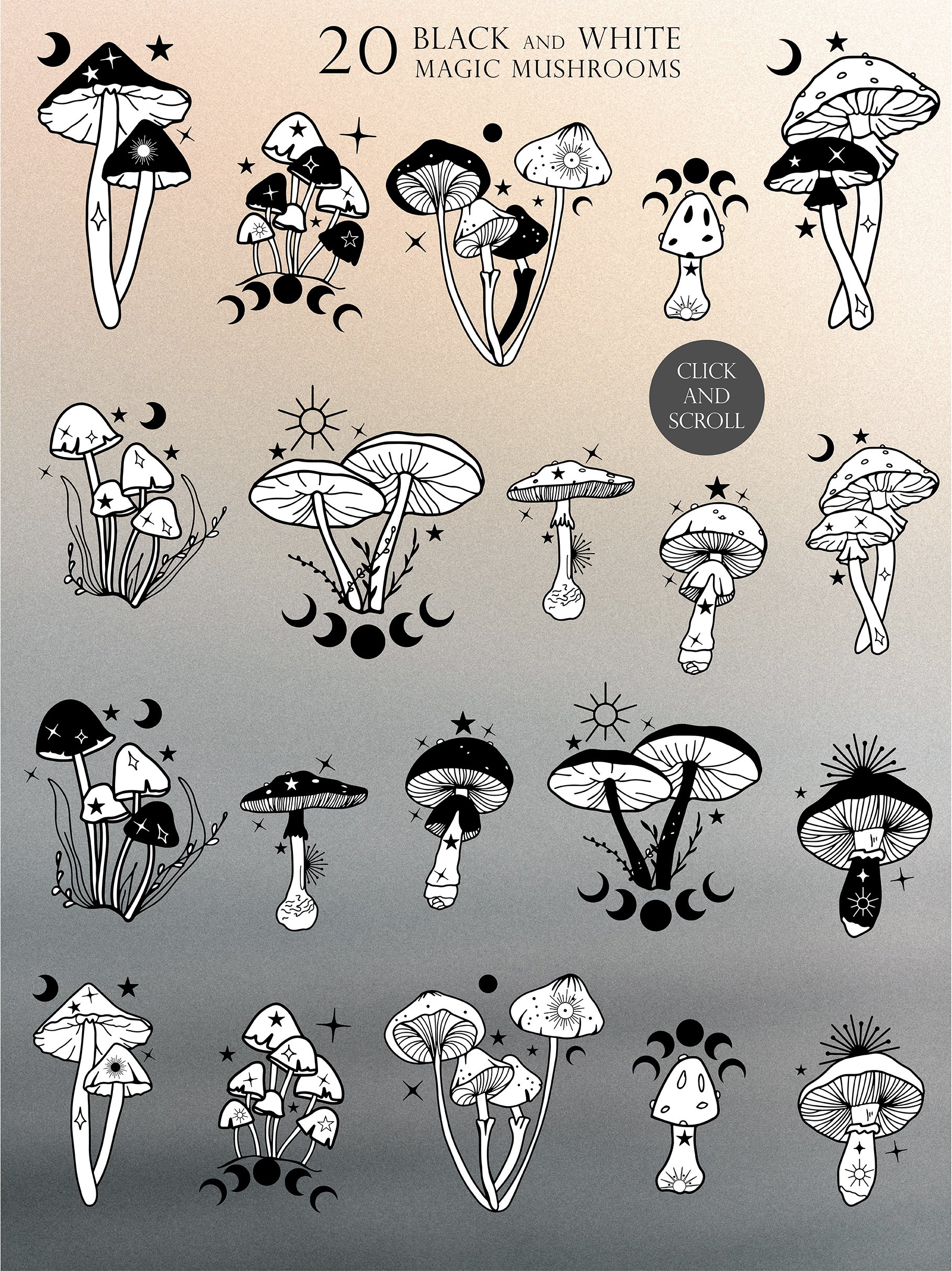 Magic mushrooms line art clipart preview image.