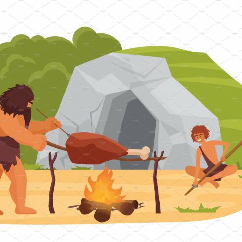Primitive cave people cooking food cover image.