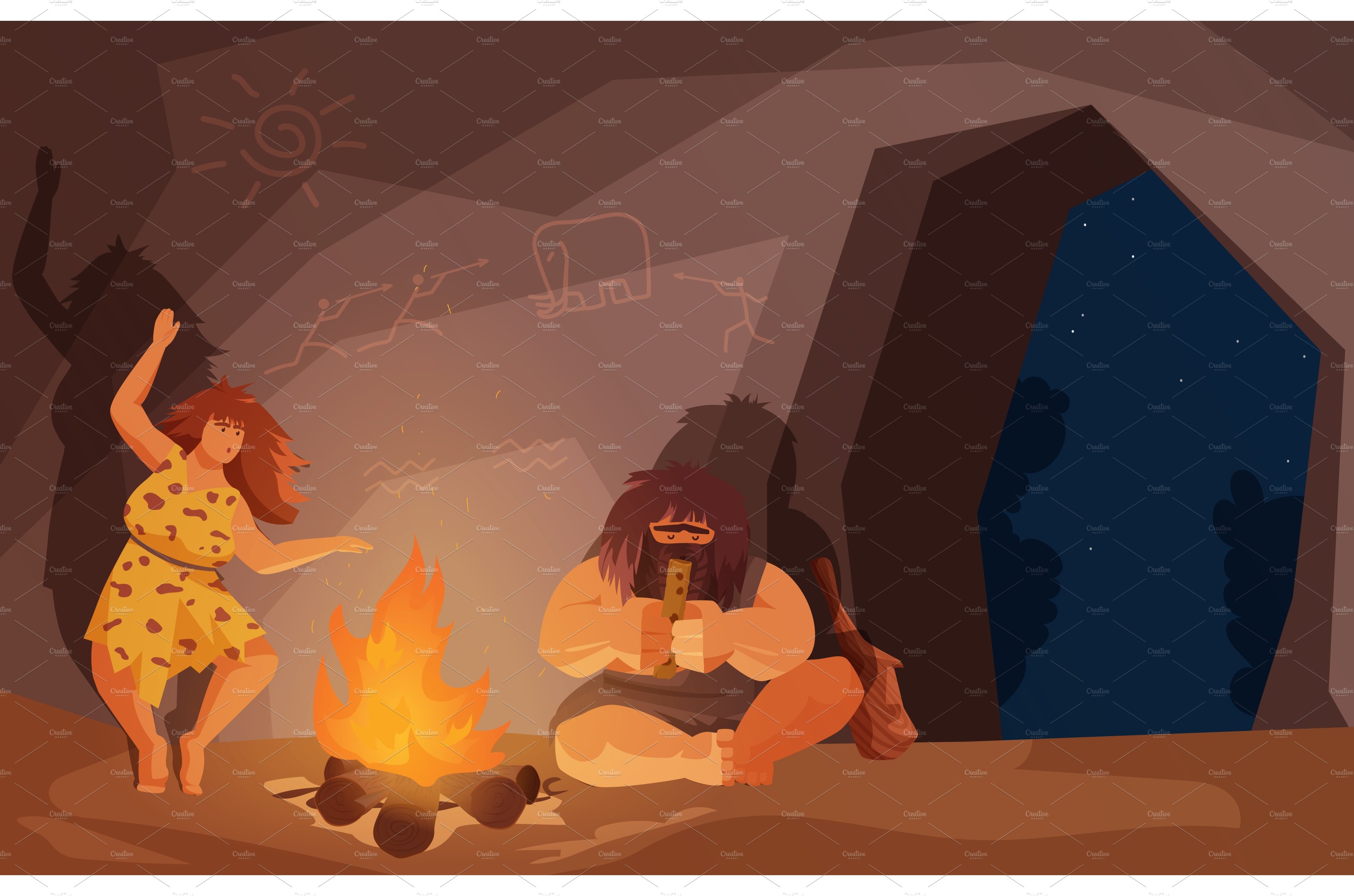 Stone age primitive people in cave cover image.