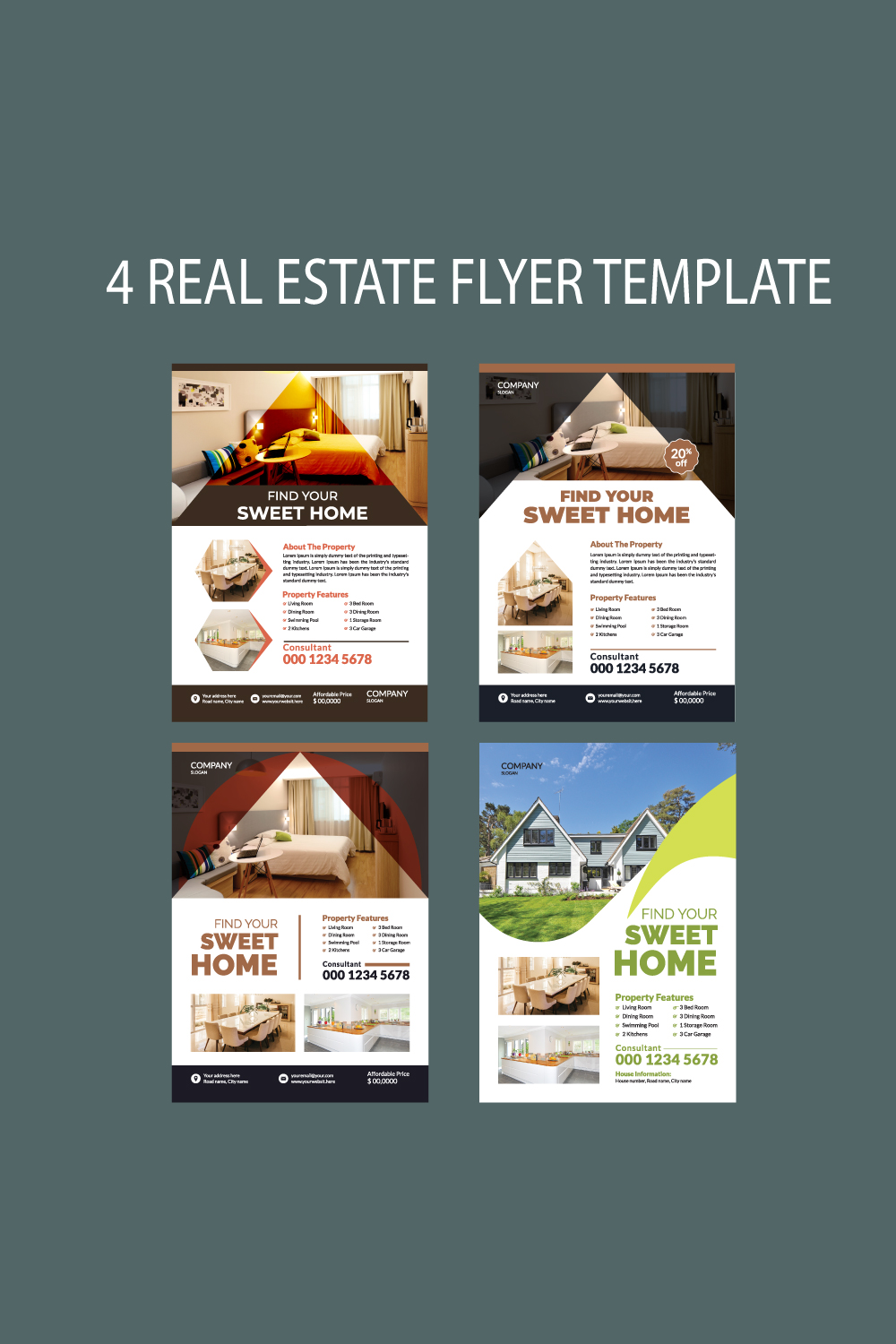 4 Real Estate Flyer Templates pinterest preview image.
