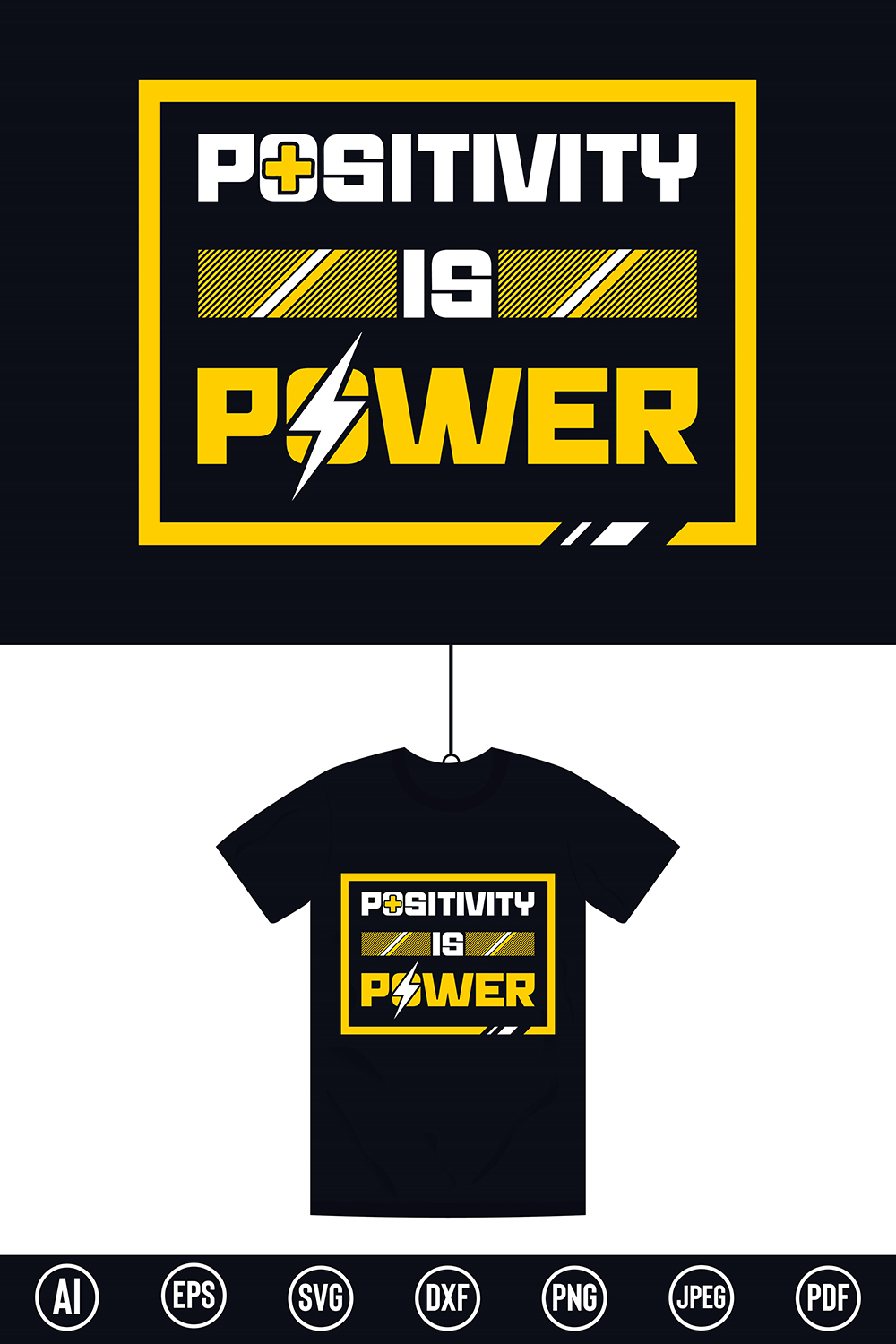 Modern Inspirational Typography T-Shirt design with “Positivity is Power” quote for t-shirt, posters, stickers, mug prints, banners, gift cards, labels etc pinterest preview image.
