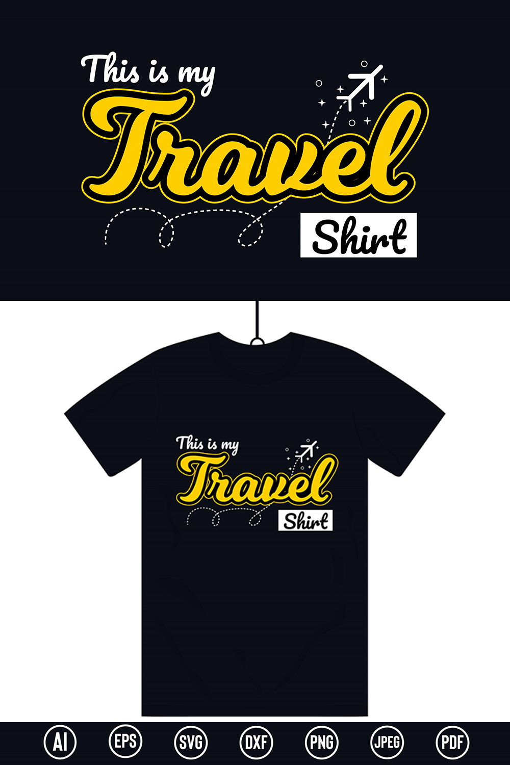 Modern Typography Traveler T-Shirt design with “This is my travel Shirt” quote for t-shirt, posters, stickers, mug prints, banners, gift cards, labels etc pinterest preview image.