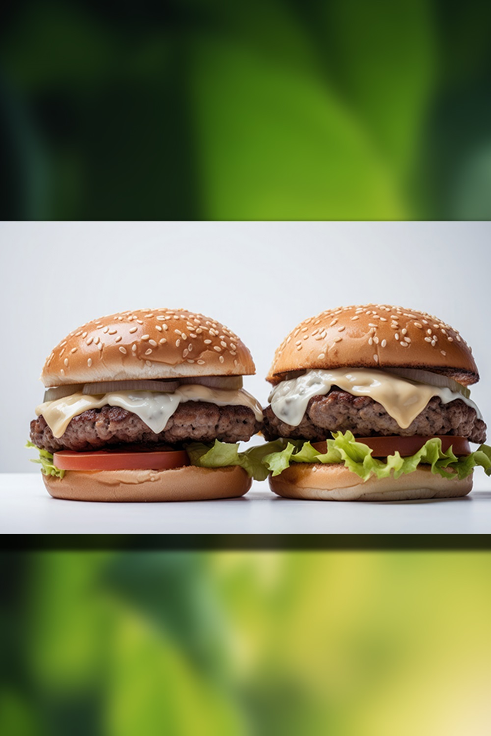 This is a Side view of a Burger on a white background with beef and cream cheese Realistic Closeup Photography pinterest preview image.