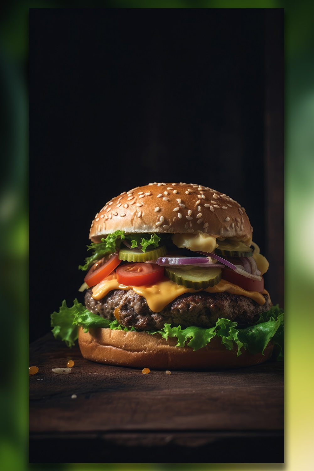 This is a Side view of a Burger on a dark rustic background with beef and cream cheese Realistic Closeup Photography pinterest preview image.