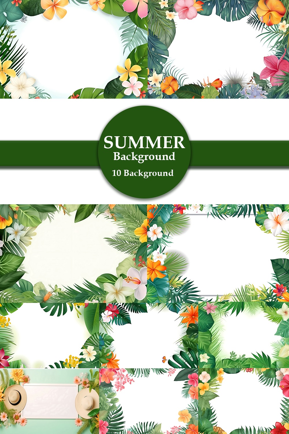 Summer Frame or Border with tropical palm leaves and flowers on white background pinterest preview image.