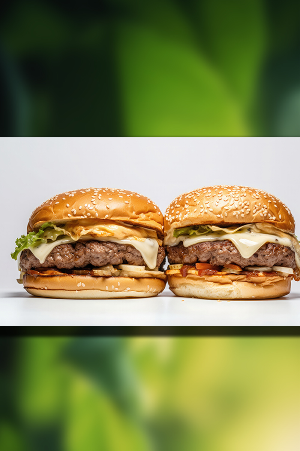 This is a Side view of a Burger on a white background with beef and cream cheese Realistic Closeup Photography pinterest preview image.