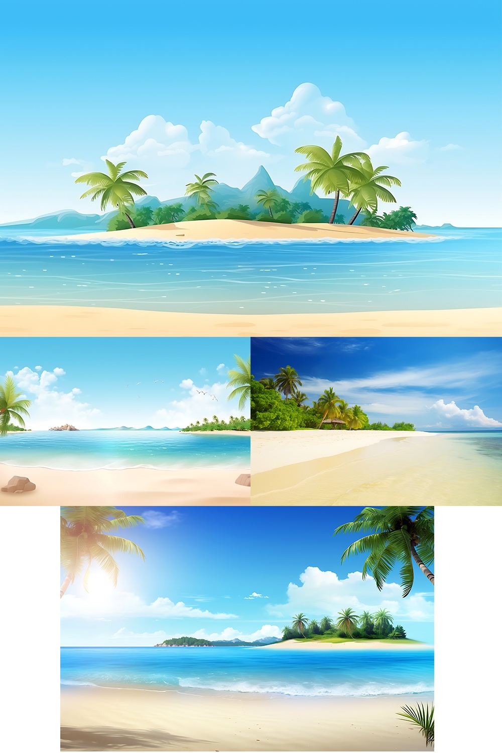 This is a beach scene with a tropical beach and palm tree’s summer background pinterest preview image.