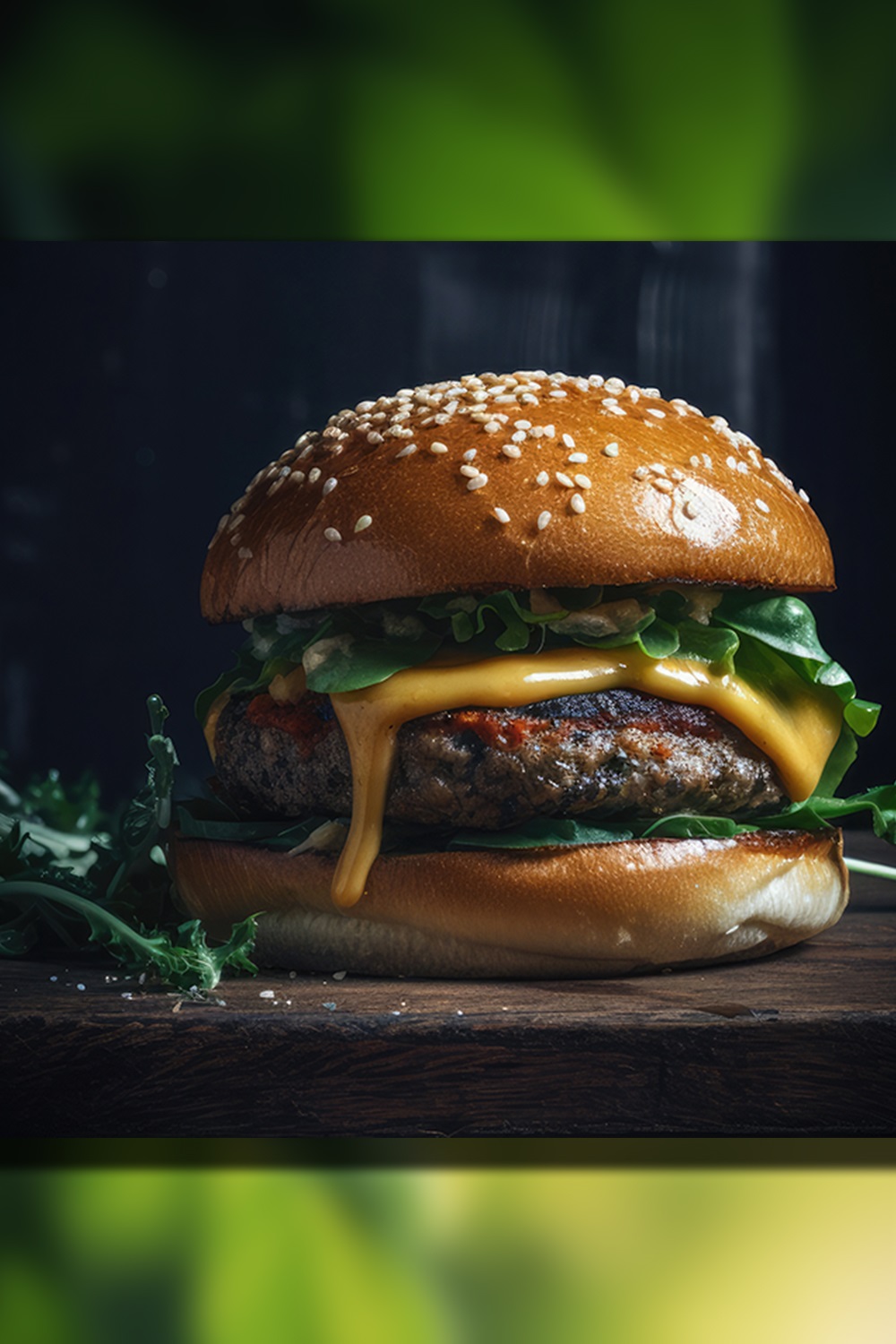 This is a Side view of a Burger with beef and cream cheese Realistic Closeup Photography pinterest preview image.