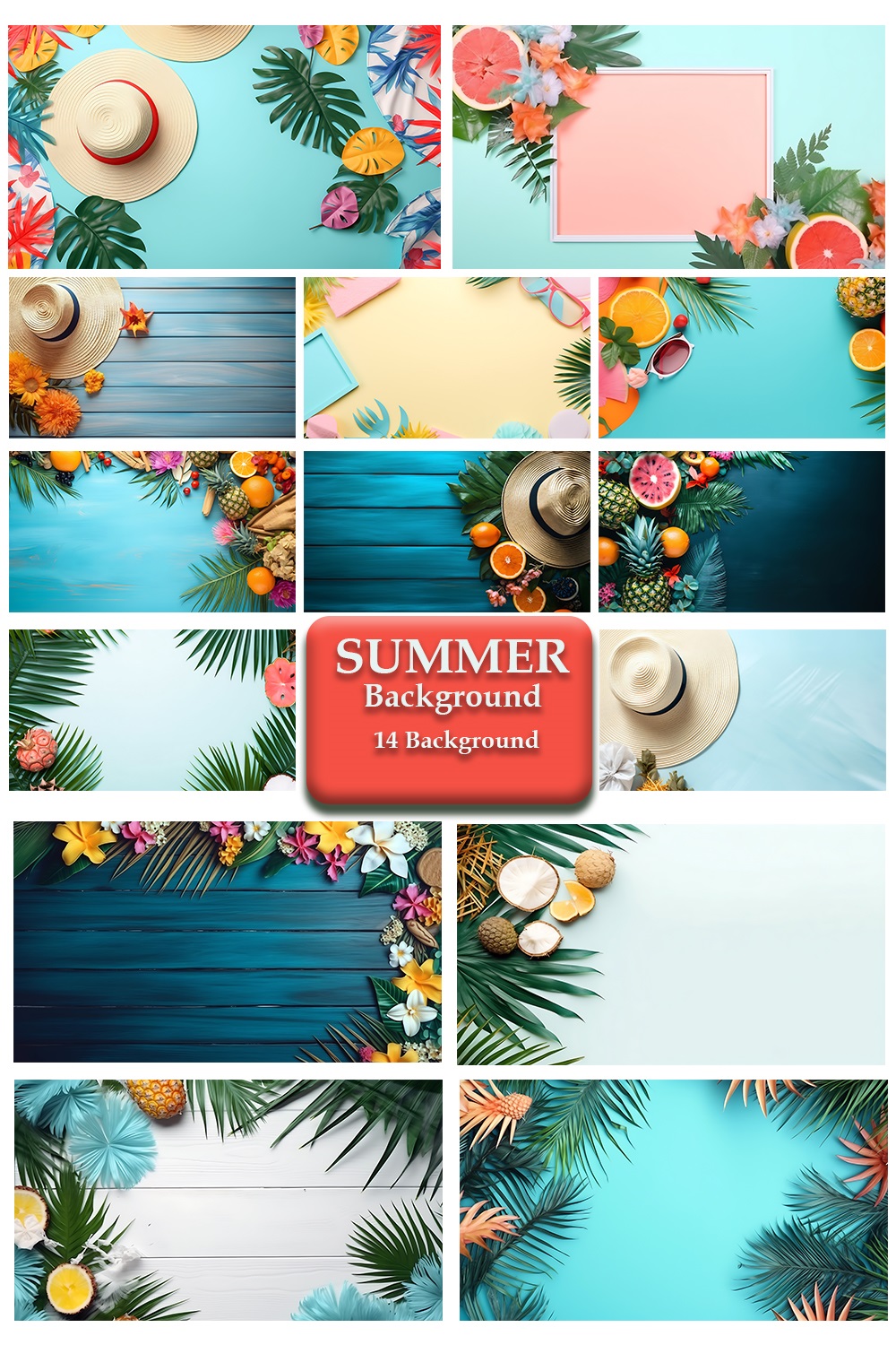 Tropical Summer Background with Hat, fruits, flowers and palm leaves pinterest preview image.