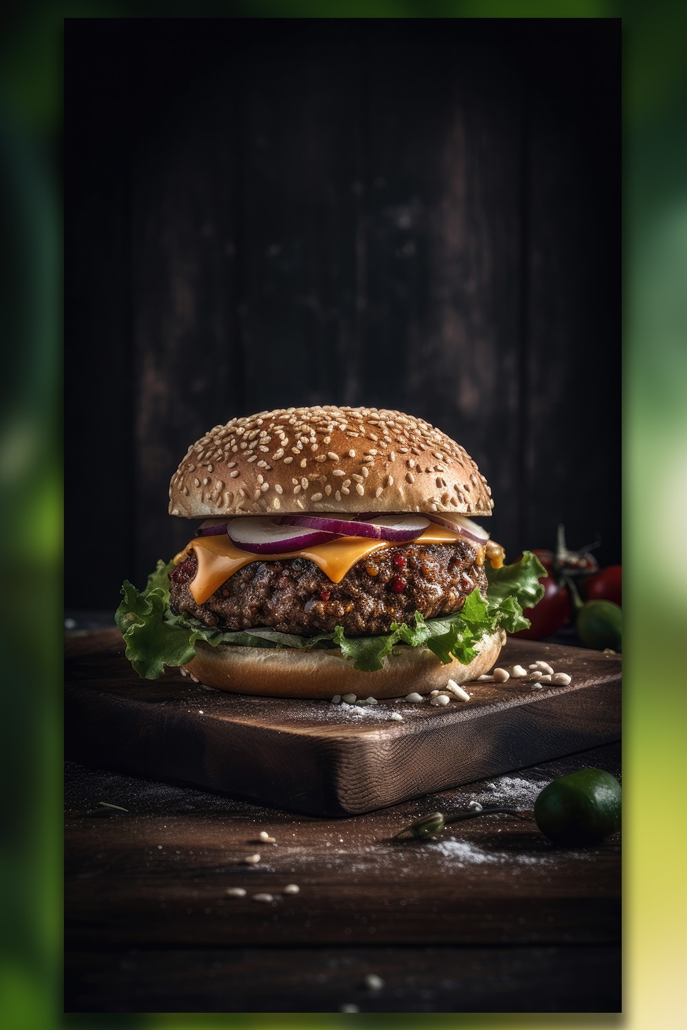 This is a Side view of a Burger with beef and cream cheese Realistic Closeup Photography pinterest preview image.