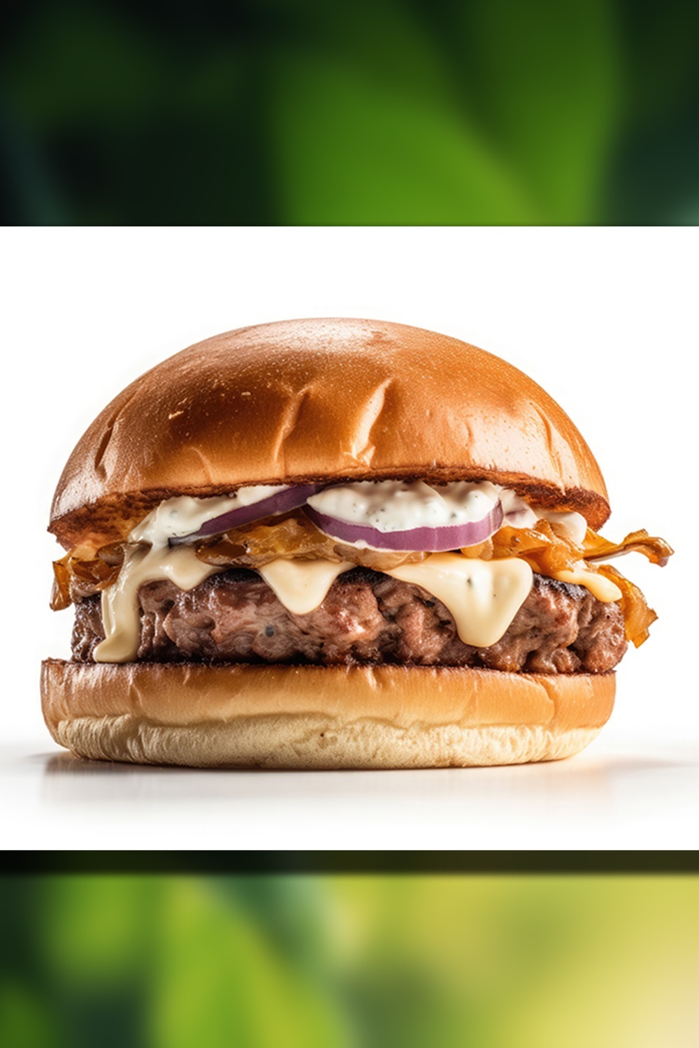 This is a Side view of a Burger with beef and cream cheese Realistic Closeup Photography pinterest preview image.