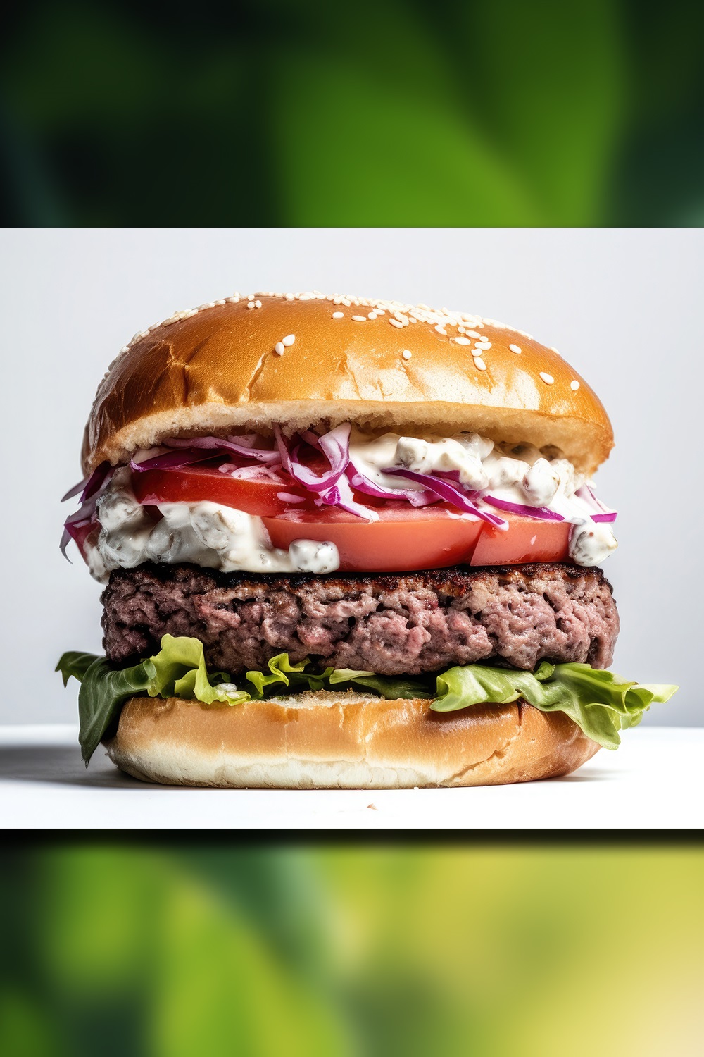 A Side View Of A Burger On A white Background With Beef And Cream Cheese Realistic Closeup Photography pinterest preview image.