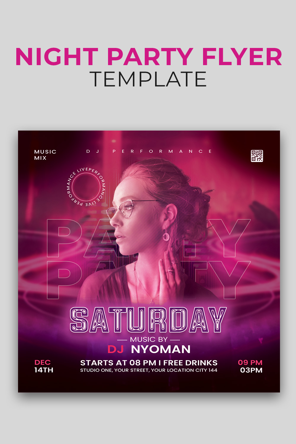 DJ night Party Flyer social media post Template pinterest preview image.