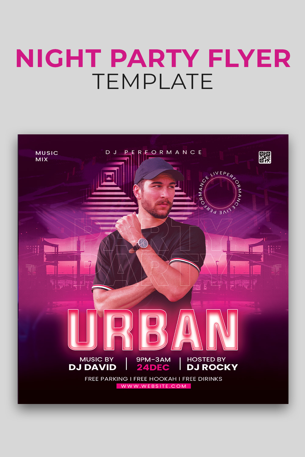 DJ night Party Flyer social media post Template pinterest preview image.