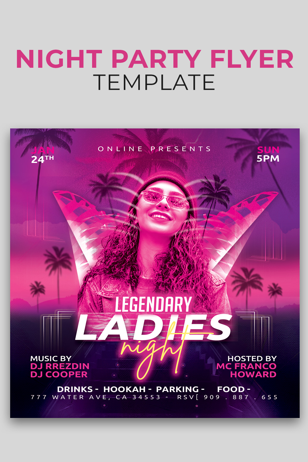 Ladis night Party Flyer Template / Instagram Banner psd pinterest preview image.