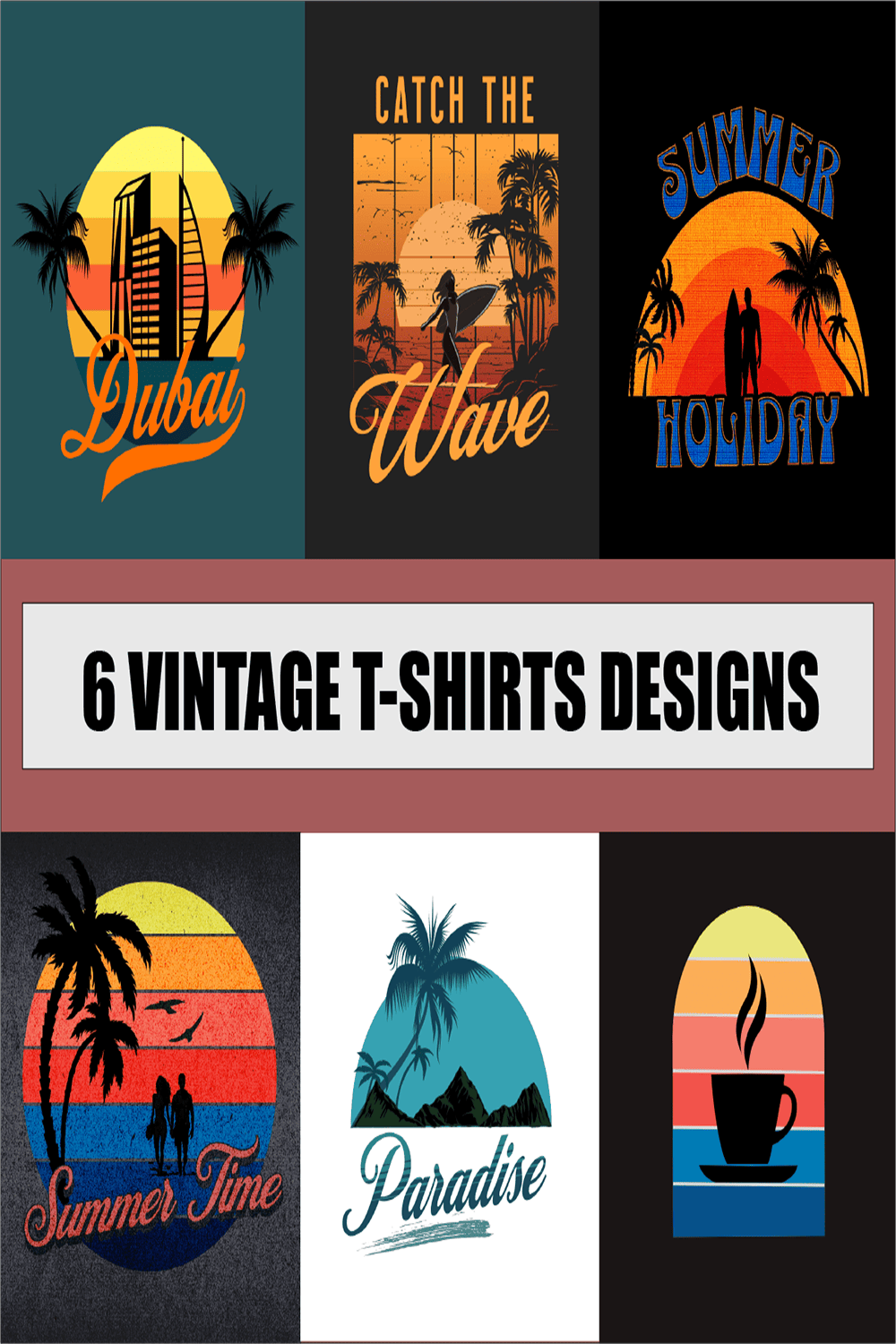 6 vintage T-shirt Designs Retro collection pinterest preview image.