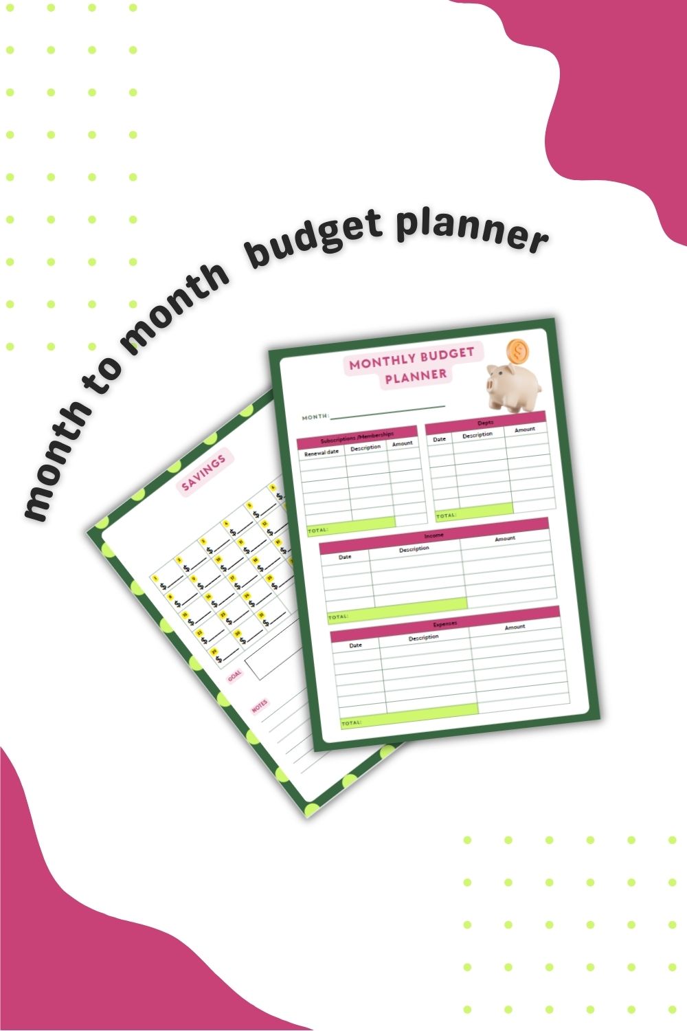 Monthly Budget Planner and Savings Tracker pinterest preview image.