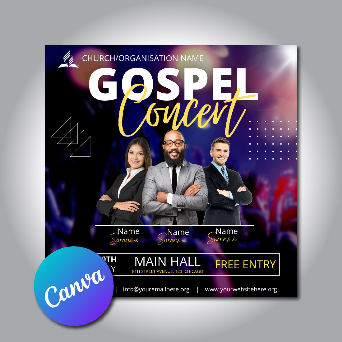 Gospel Concert Canva Template preview image.
