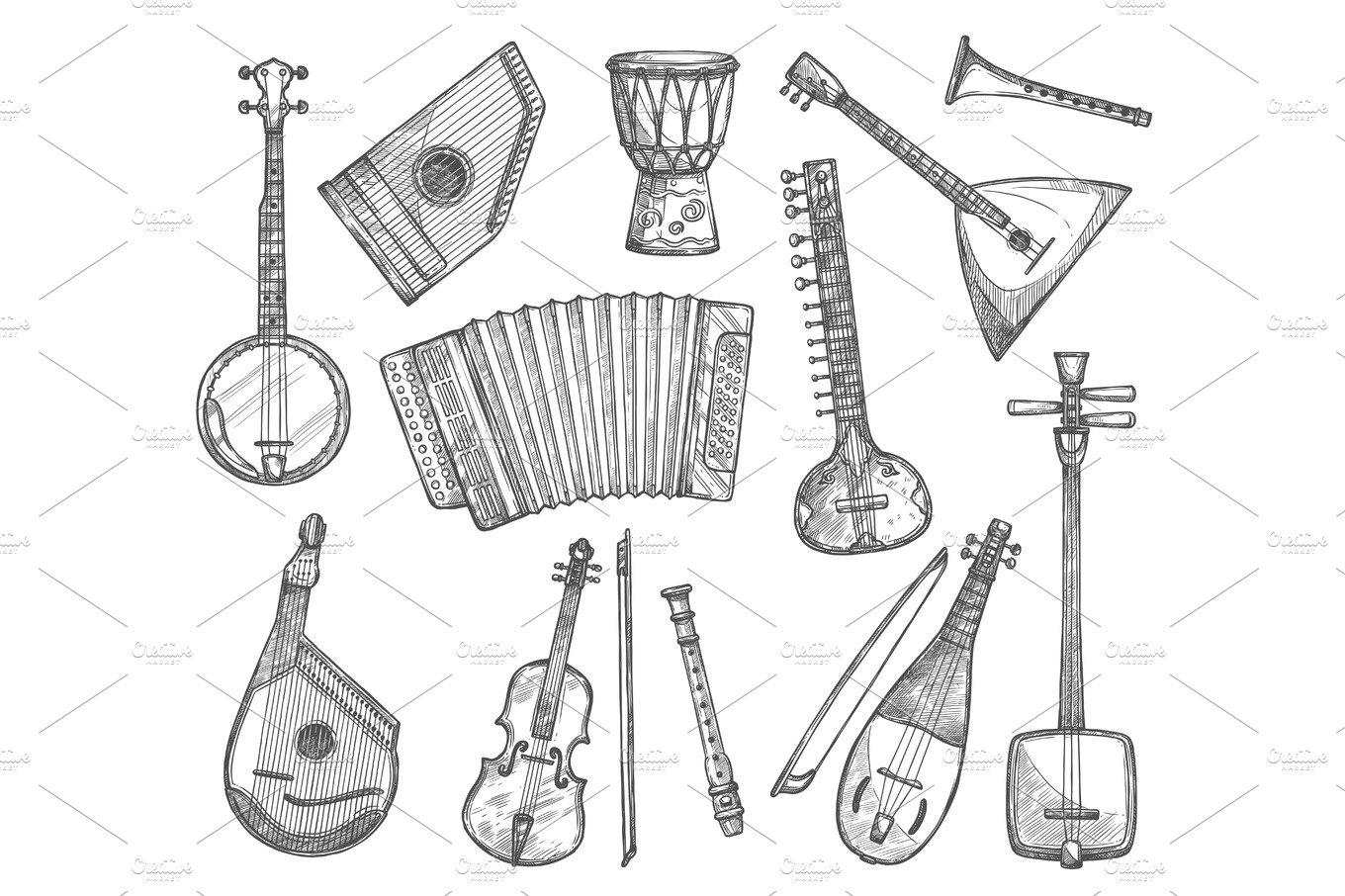 Vector sketch icons of musical instruments cover image.
