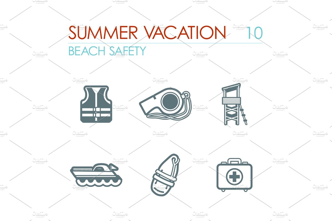 Lifeguard beach safety icon set. Summer. Vacation cover image.
