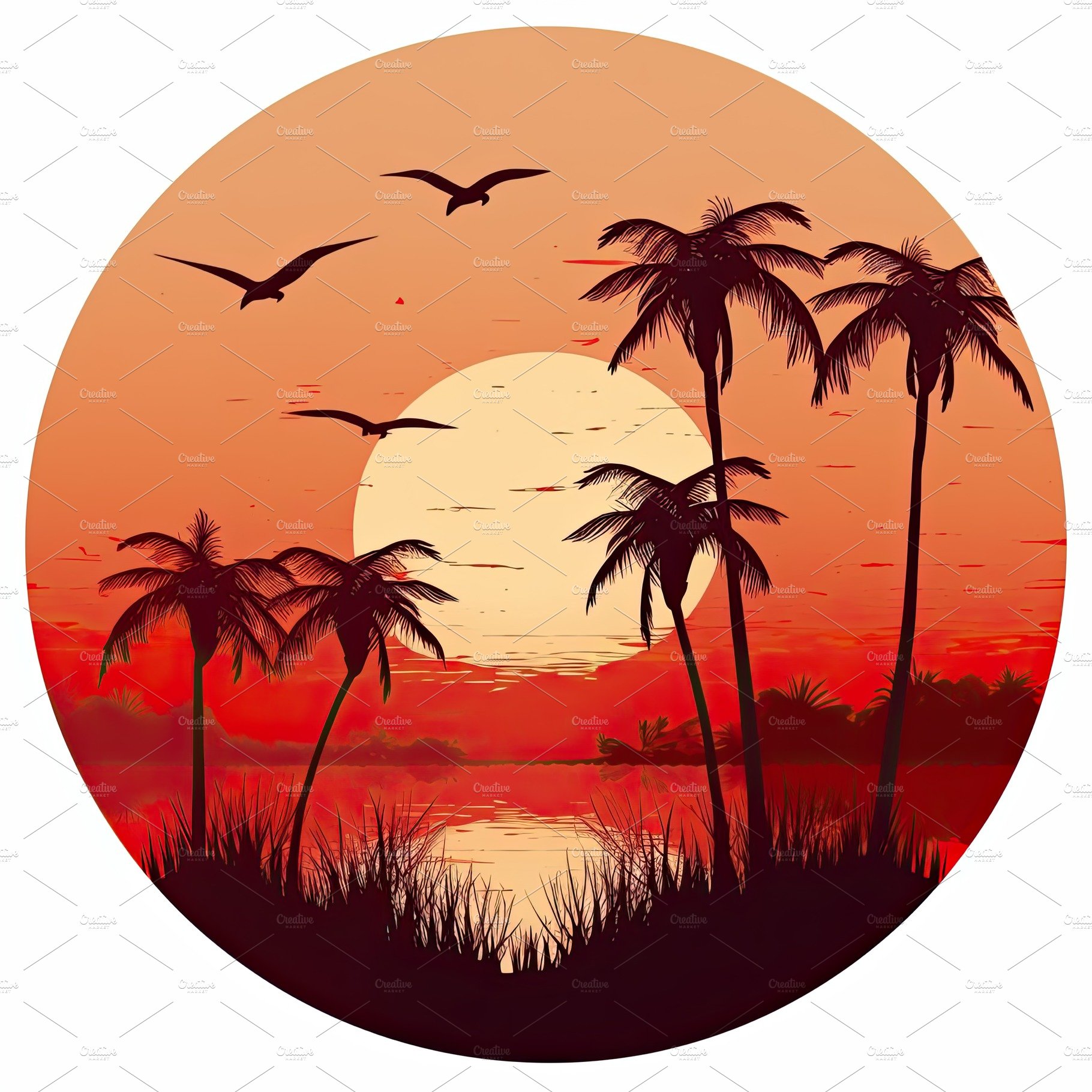 Orange sunset landscape in a circle. Evening on the beach with palm trees. ... cover image.