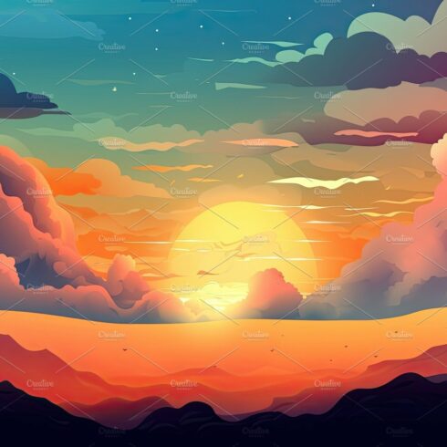 Illustrated sky with clouds, sun, stars, and sunrise or sunset. cover image.