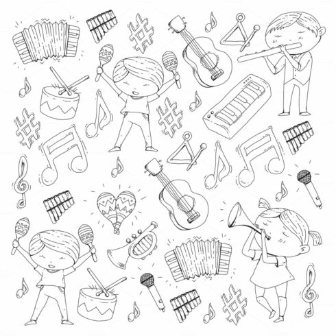 Vector school of music Musical theatre Kindergarten children with music ins... cover image.