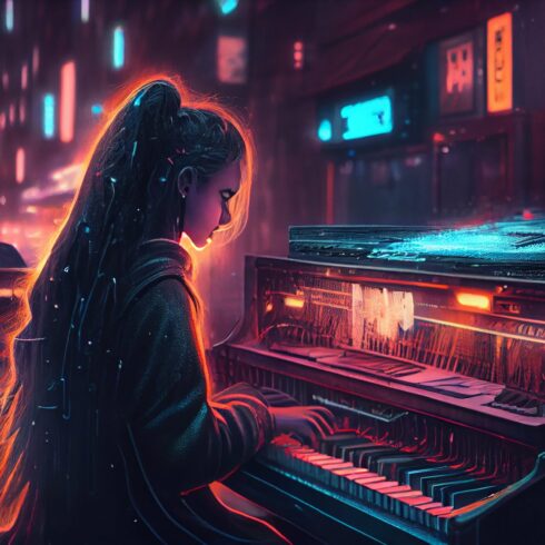Joyful Girl playing on an old piano in street at night. Joyful Street musician cover image.
