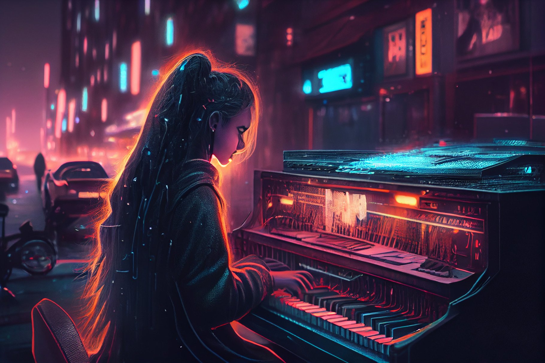 Joyful Girl playing on an old piano in street at night. Joyful Street musician cover image.