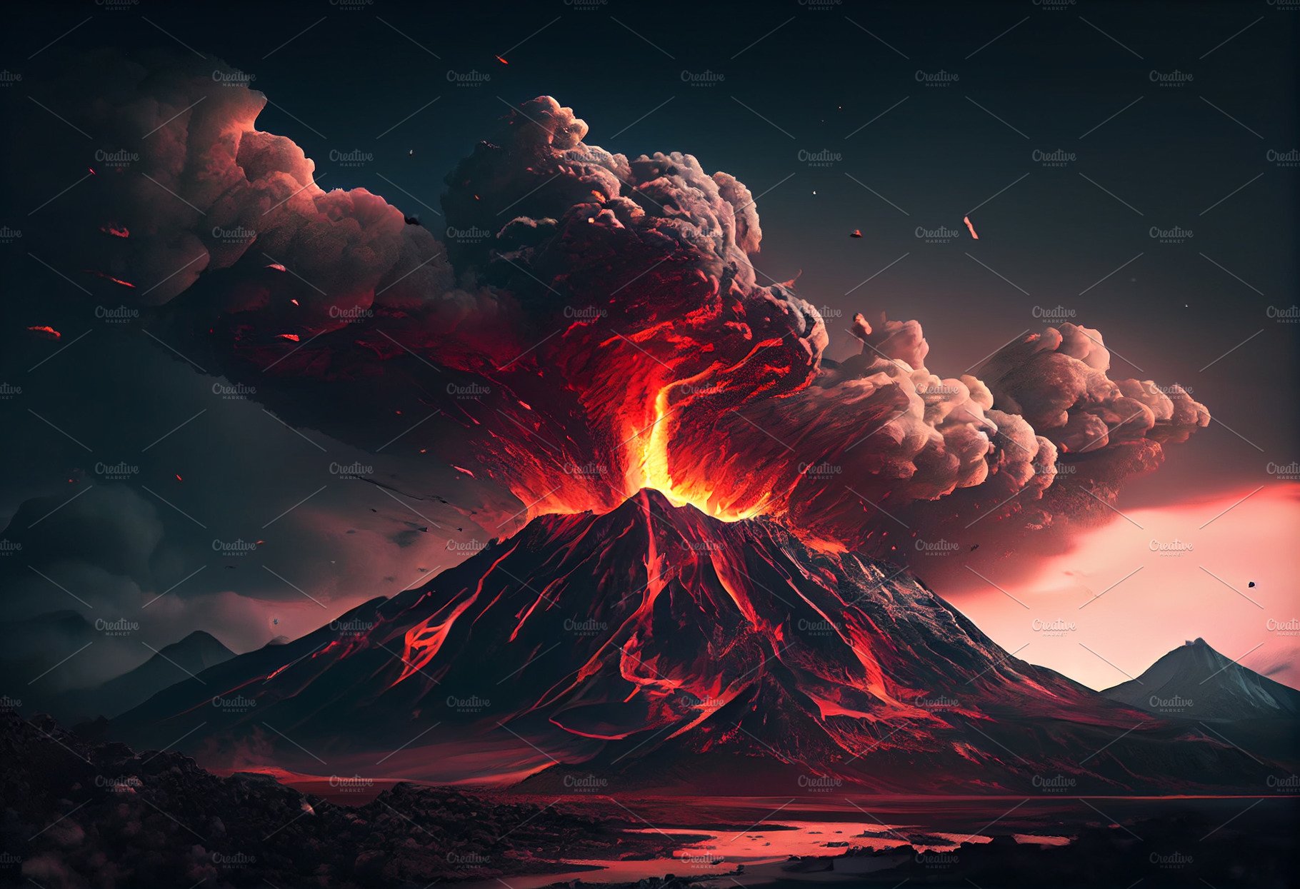 Lava flows down the volcano immediately after the eruption. Strong flame vo... cover image.