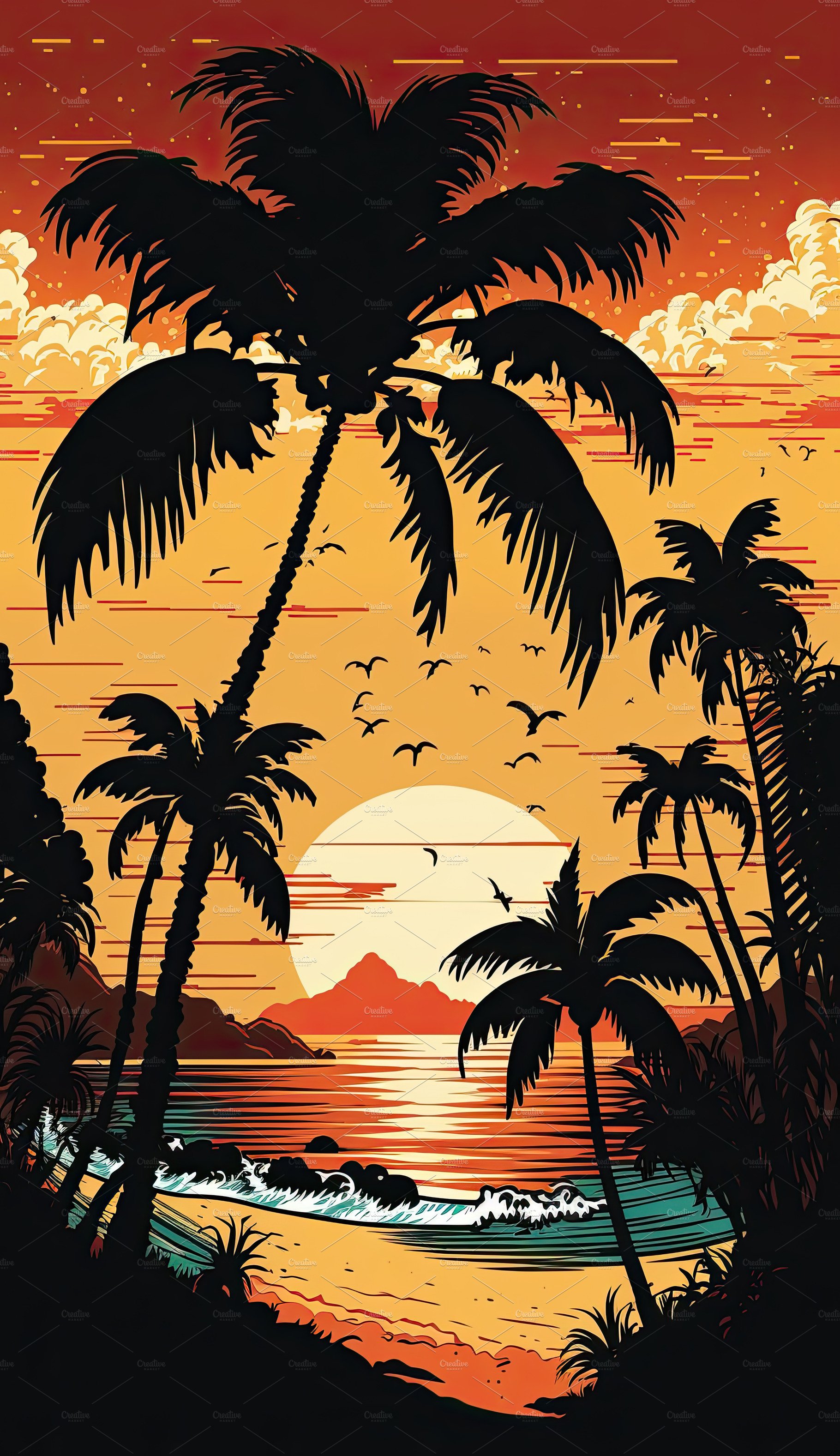 Silhouette palm tree on beach under sunset sky background. Orang cover image.