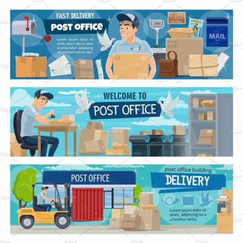 Postal delivery, office and postman cover image.