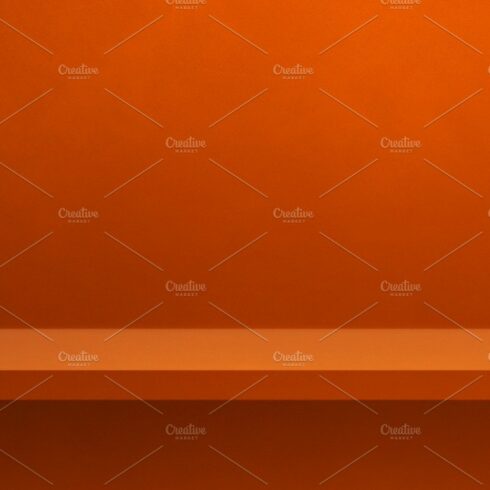 Empty shelf on orange wall. Background template. Horizontal bann cover image.