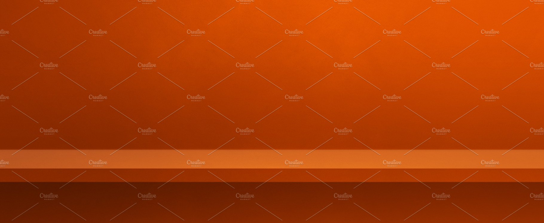 Empty shelf on orange wall. Background template. Horizontal bann cover image.
