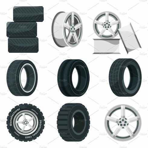 Icon set of different disks for wheels and tires. Vector pictures set in ca... cover image.