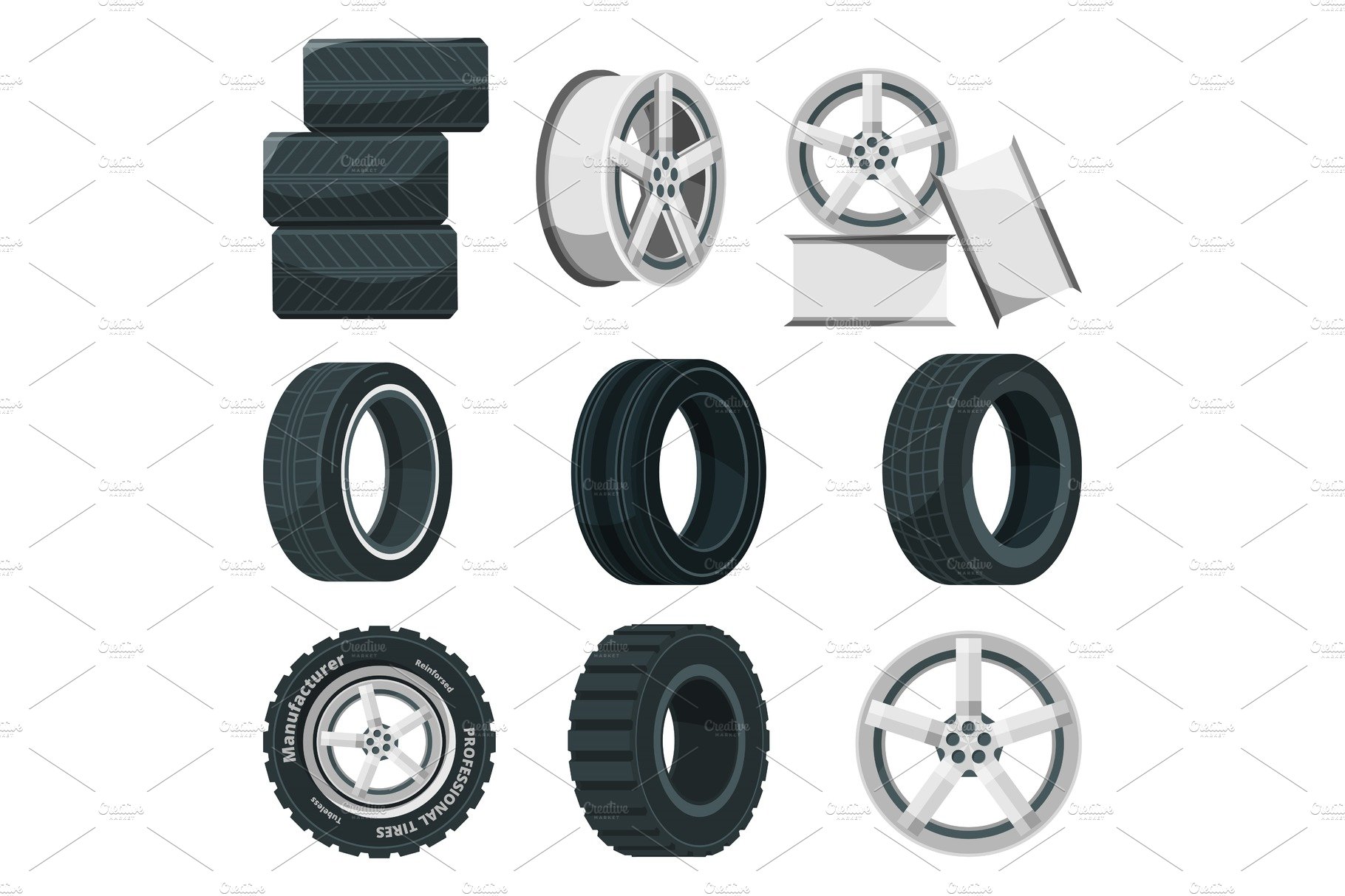 Icon set of different disks for wheels and tires. Vector pictures set in ca... cover image.