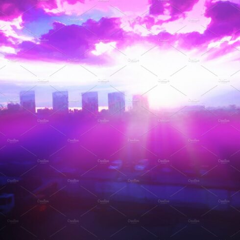 Dramatic burning sunset city illustr cover image.