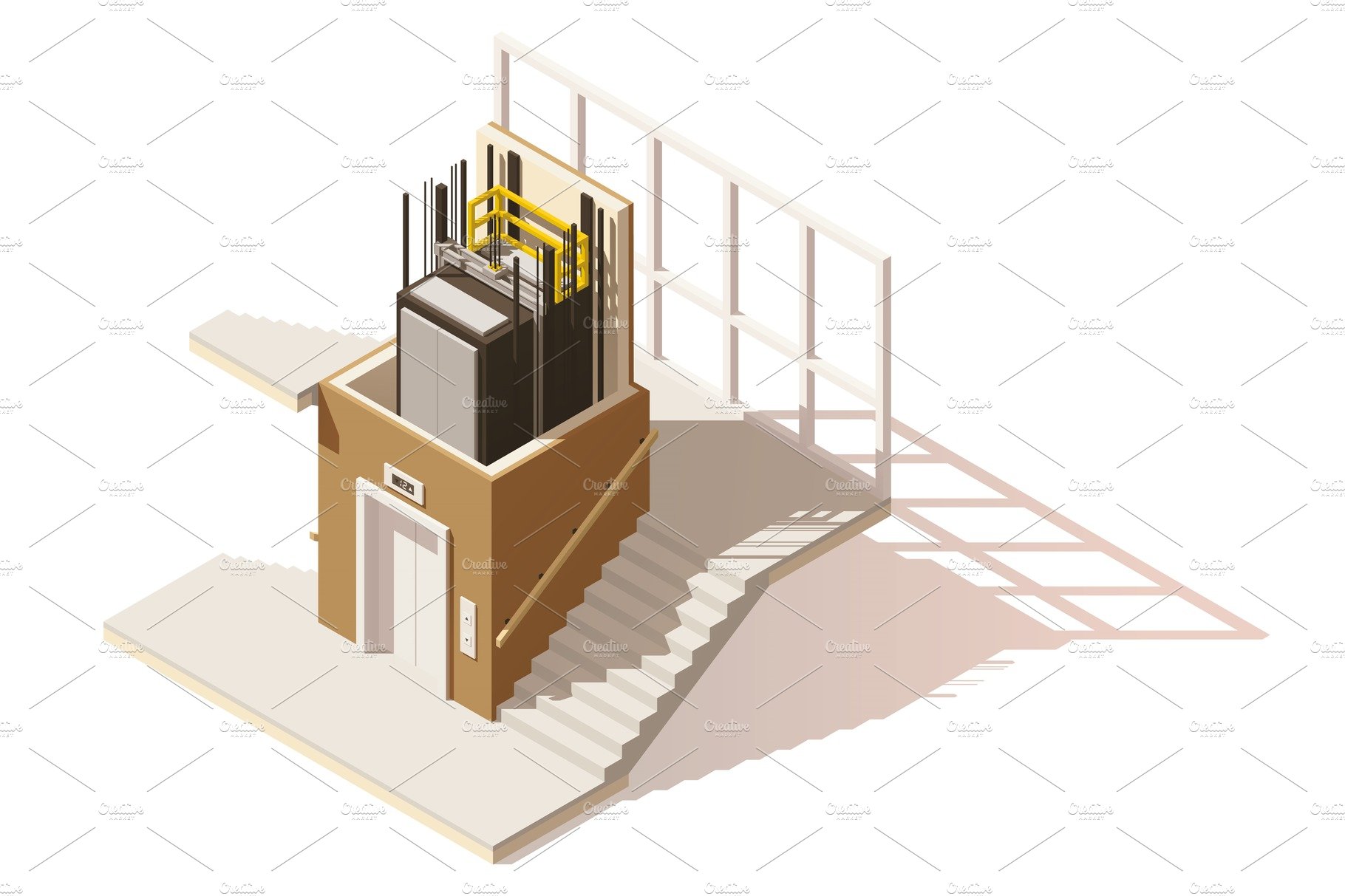 Vector isometric low poly elevator cutaway icon cover image.
