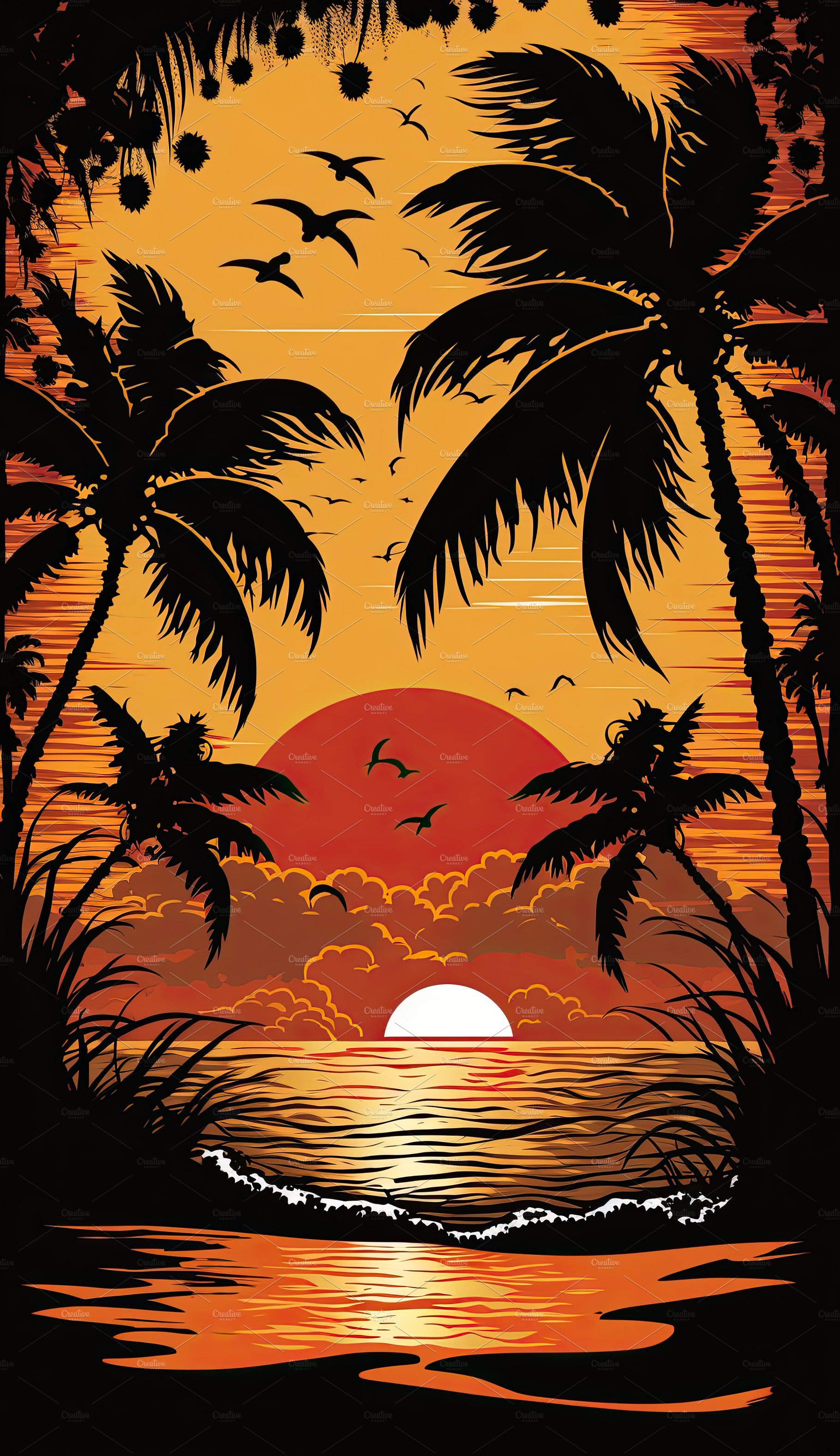 Silhouette palm tree on beach under sunset sky background. Orang cover image.