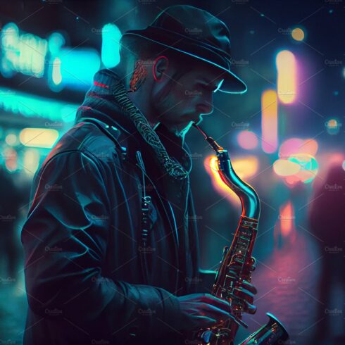 Joyful Street musician playing saxophone in the evening street with neon li... cover image.
