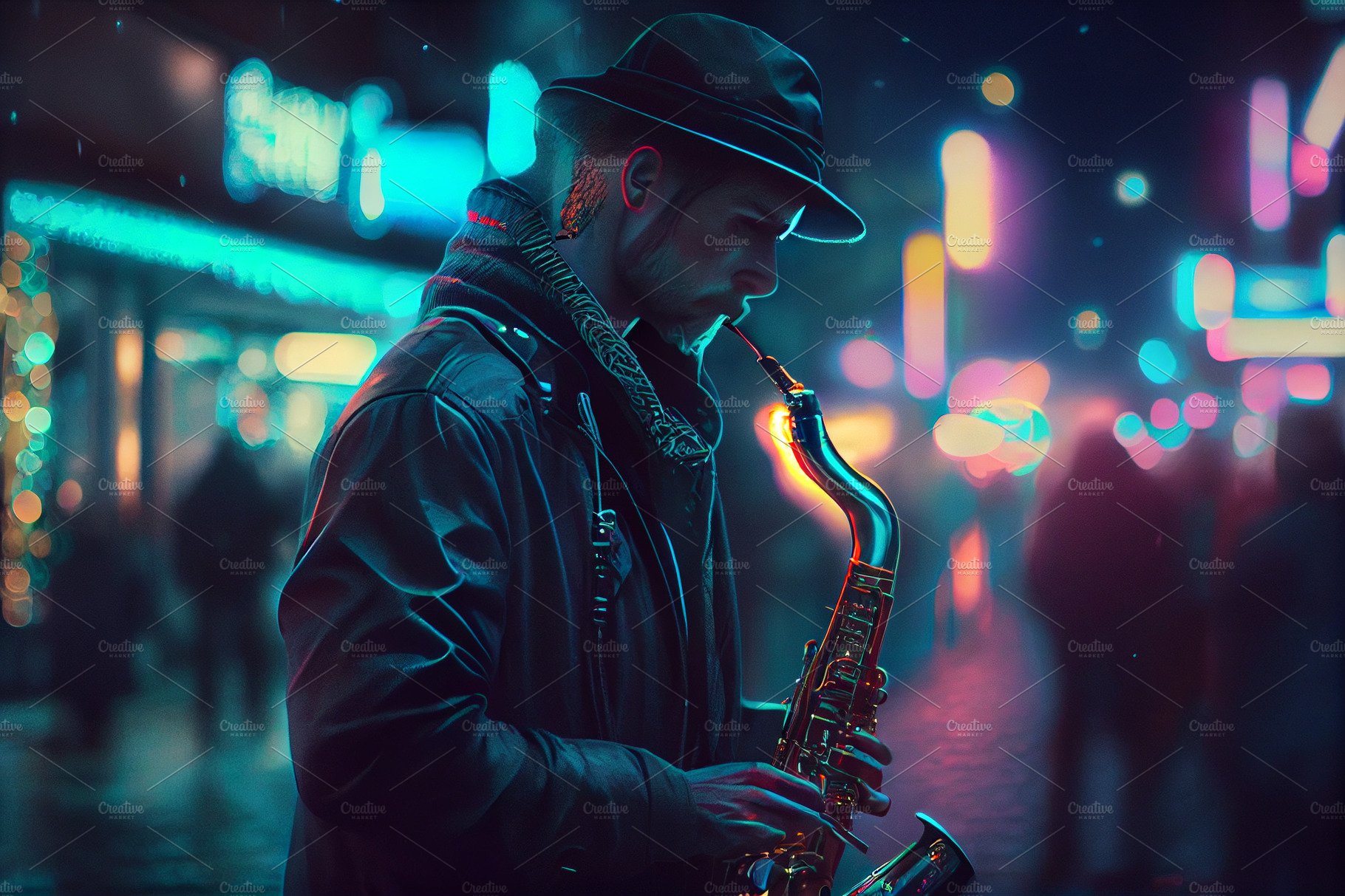 Joyful Street musician playing saxophone in the evening street with neon li... cover image.